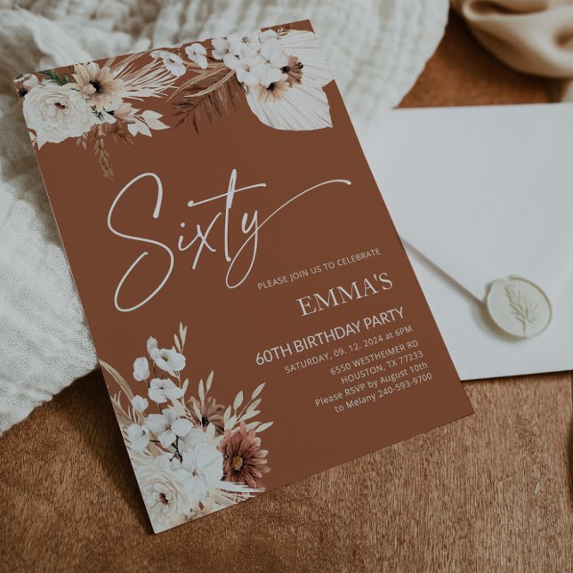 Invitation 60e anniversaire Terracotta Boho Pampas (Créateur téléchargé)