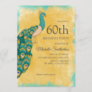 Invitation 60e anniversaire Turquoise Aquarelle jaune Peacock