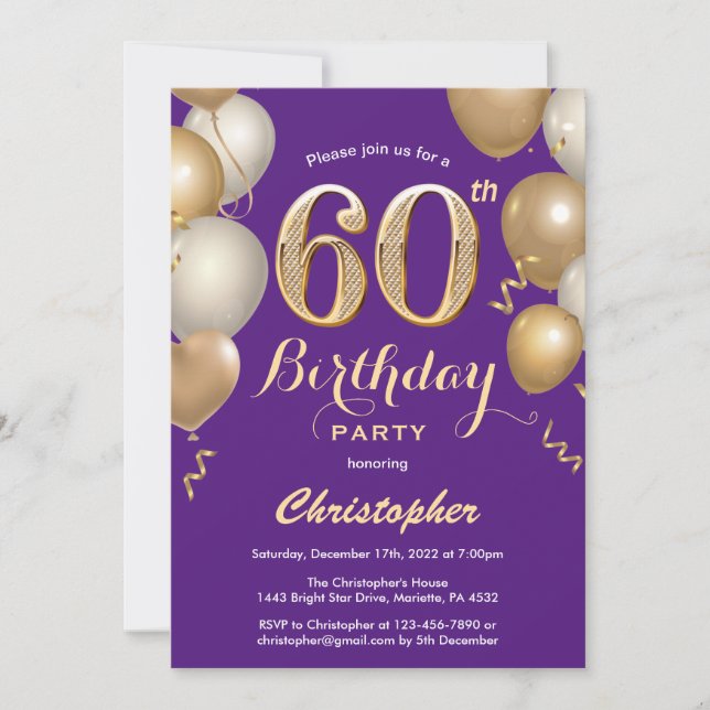 Invitation 60e anniversaire violet et ballons d'or Confetti (Devant)