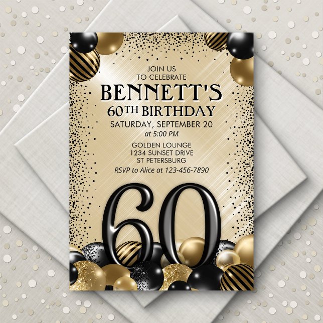 Invitation 60e Ballons Black Gold Anniversaire (Créateur téléchargé)