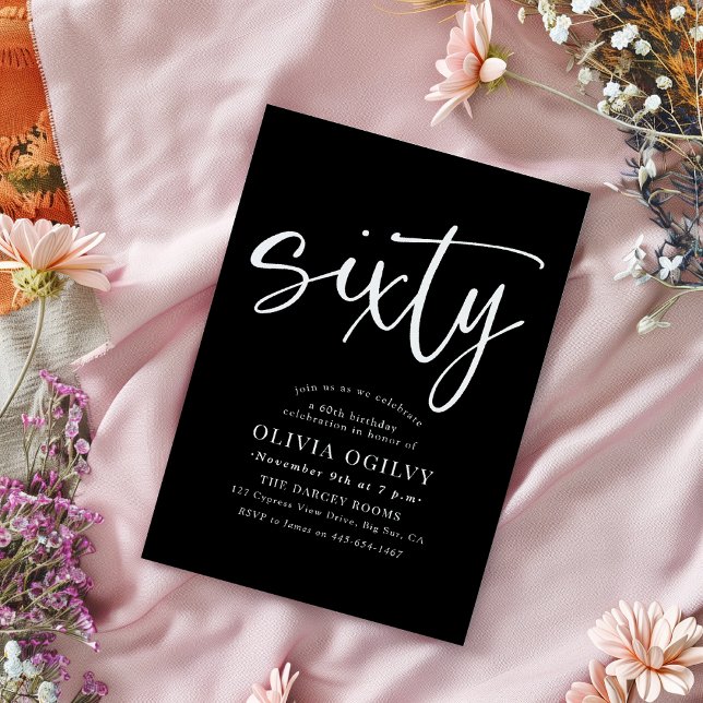 Invitation 60e Blanc sur Noir fête d'anniversaire Script mode (Créateur téléchargé)