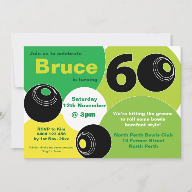 Invitation 60e Bowls de pelouse Barefoot Bowling Anniversaire (Devant)