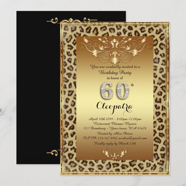 Invitation 60e, fête d'anniversaire 60e, Royal Cheetah or noi (Devant / Derrière)