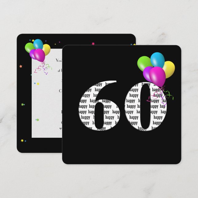 Invitation 60e fête d'anniversaire avec bouquet de ballons (Devant / Derrière)