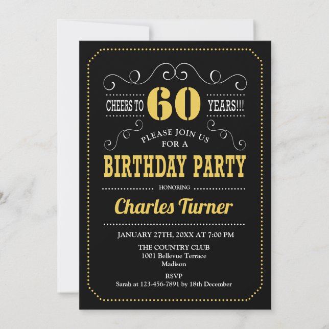 Invitation 60e fête d'anniversaire - Black Gold White (Devant)