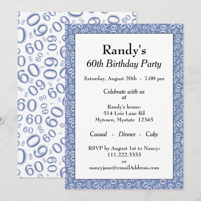 Invitation 60e fête d'anniversaire bleu et blanc Motif numéri (Devant / Derrière)