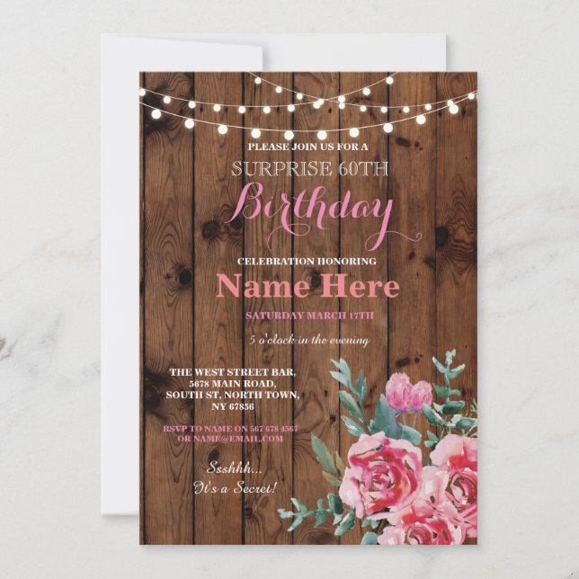 Invitation 60e fête d'anniversaire Bois Fleur Floral Invitati (Devant)