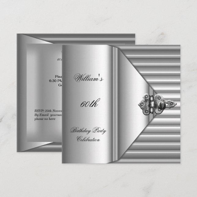 Invitation 60e fête d'anniversaire Elegant Mens Argent Mans (Devant / Derrière)