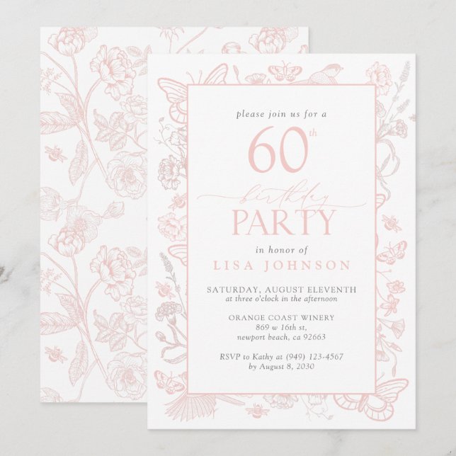 Invitation 60e fête d'anniversaire Feminine Blush rose Floral (Devant / Derrière)