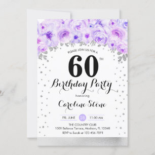 Invitation 60e fête d'anniversaire - Fleurs violettes argenté