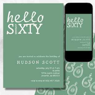 Invitation 60e fête d'anniversaire Hello Sixty Modern Sage Gr