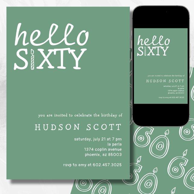 Invitation 60e fête d'anniversaire Hello Sixty Modern Sage Gr (Créateur téléchargé)