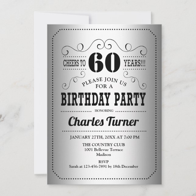 Invitation 60e fête d'anniversaire - Noir d'argent (Devant)