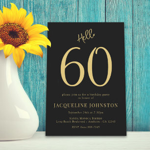 Invitation 60e fête d'anniversaire Noir et Or Bonjour 60