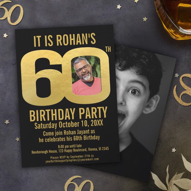 Invitation 60e fête d'anniversaire noir or maintenant puis ph (Créateur téléchargé)