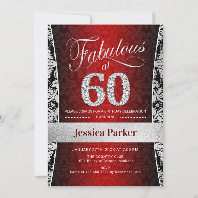 Invitation 60e fête d'anniversaire - Noir rouge argent (Devant)