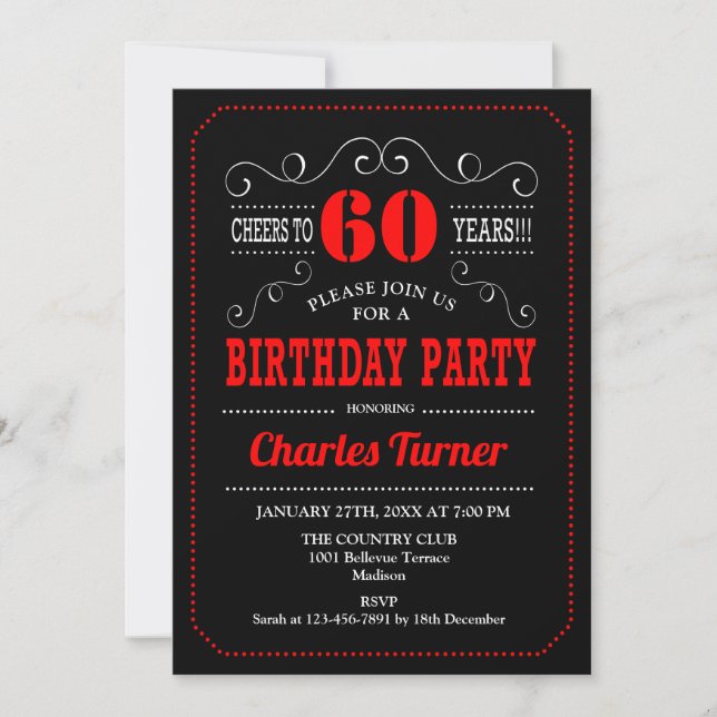 Invitation 60e fête d'anniversaire - Noir Rouge Blanc (Devant)
