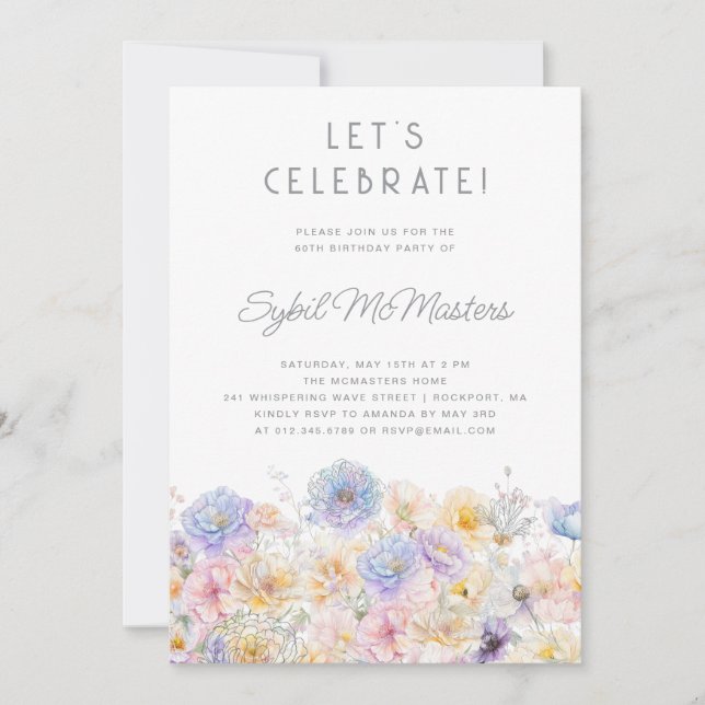 Invitation 60e fête d'anniversaire Printemps aquarelle Floral (Devant)