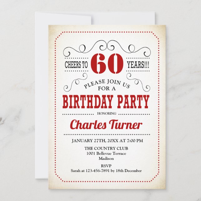 Invitation 60e fête d'anniversaire - Retro Crémeux Blanc et R (Devant)
