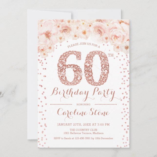 Invitation 60e fête d'anniversaire - Rose blanche or (Devant)