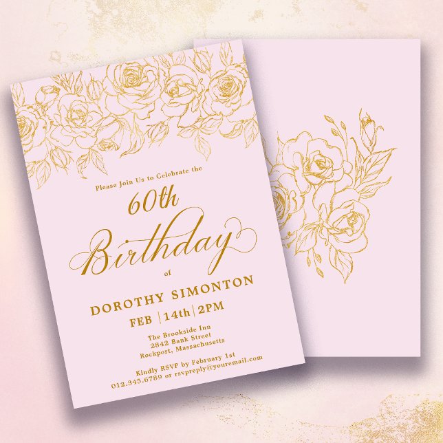 Invitation 60e fête d'anniversaire Rose d'or Floral Blush ros (Créateur téléchargé)