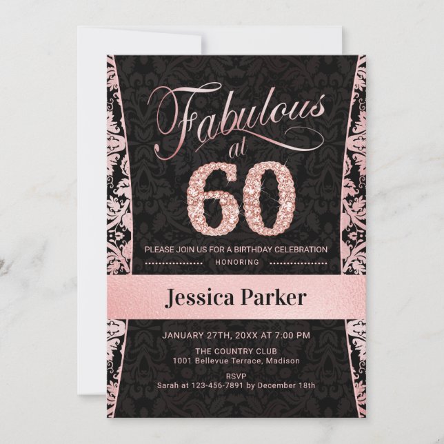 Invitation 60e fête d'anniversaire - Rose Gold Black (Devant)