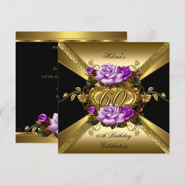 Invitation 60e fête d'anniversaire Roses pourpre or noir (Devant / Derrière)