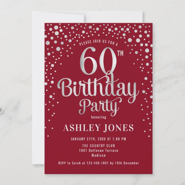 Invitation 60e fête d'anniversaire - Rouge & Argent (Devant)