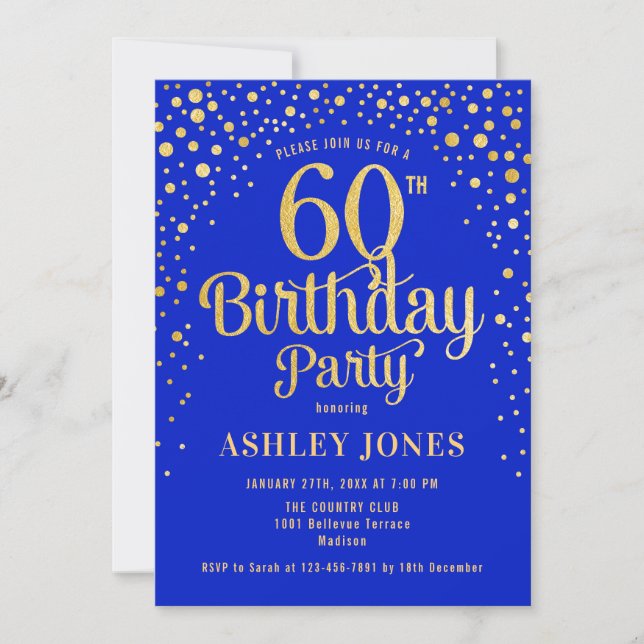 Invitation 60e fête d'anniversaire - Royal Blue & Gold (Devant)
