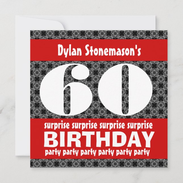 Invitation 60e fête d'anniversaire surprise Black Red White (Devant)