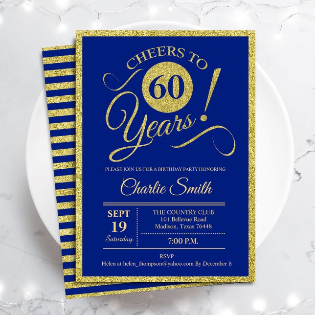 Invitation 60e fête d'anniversaire - TOUT AGE Royal Blue Gold (Créateur téléchargé)