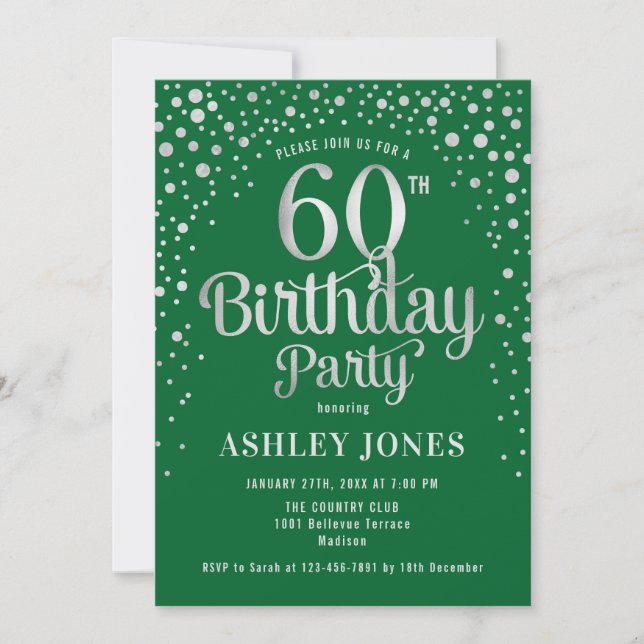 Invitation 60e fête d'anniversaire - Vert & Argent (Devant)