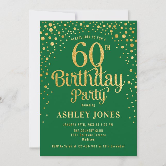 Invitation 60e fête d'anniversaire - Vert & Or (Devant)