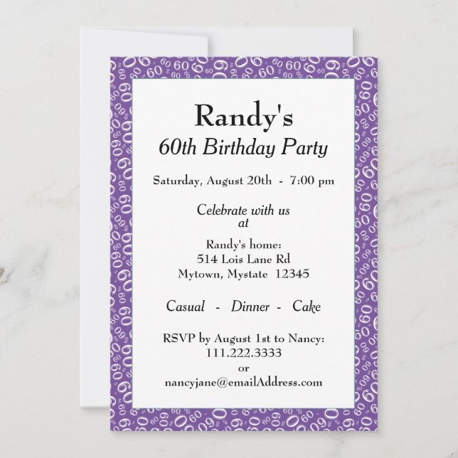 Invitation 60e fête d'anniversaire violet/blanc Motif numériq (Devant)