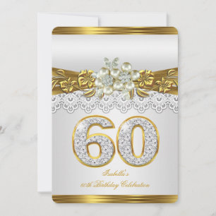 Invitation 60e Fête d'anniversaire White Pearl Gold Lace Flor