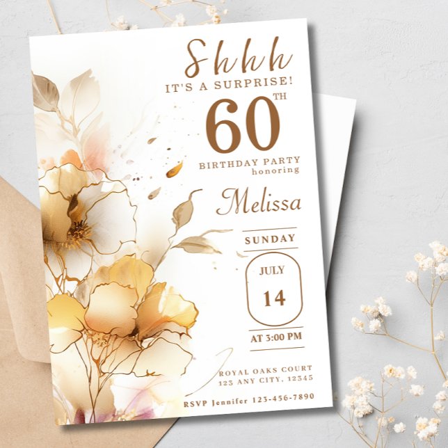 Invitation 60e Fleurs d'or surprises Aquarelle Anniversaire (Créateur téléchargé)
