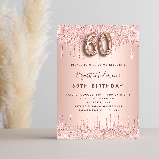 Invitation 60e jour rose or rousse parties scintillant goutte (Créateur téléchargé)