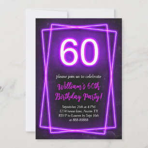 Invitation 60e Neon Lights Retro Black Chic Soixante Annivers