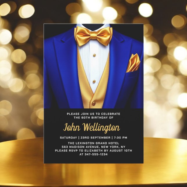 Invitation 60e Royal Blue and Gold Tuxedo Birthday Event (Créateur téléchargé)