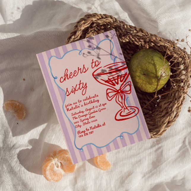 Invitation 60ème Anniversaire de verre de champagne rose tiré (Créateur téléchargé)