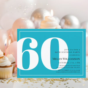 Invitation 60ème Aqua moderne et Script blanc Anniversaire