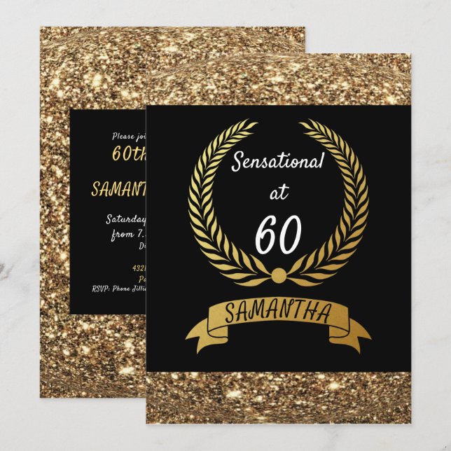Invitation 60ème Black Gold Parties scintillant Élégante fête (Devant / Derrière)