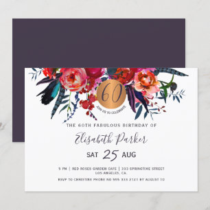 Invitation 60ème fête d'anniversaire moderne boho florale aqu