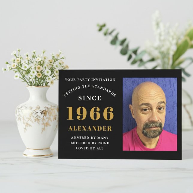Invitation 60th Birthday 1966 Black Gold Personalized Photo (1966 birthday invitation. White background with flowers.)