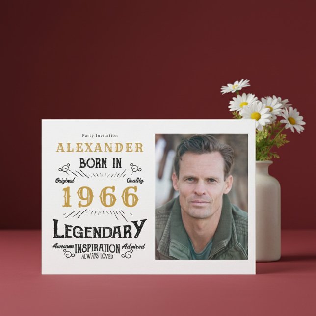 Invitation 60th Birthday 1966 Legend White & Gold Photo (Born 1966 birthday invitation.)