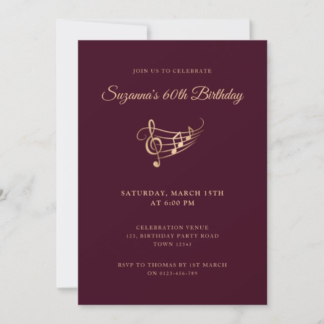 Invitation 60th Birthday Gold Music Notes Élégant (Devant)