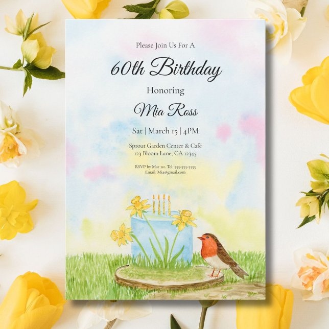 Invitation 60th Birthday Robin with Daffodil Cake (Créateur téléchargé)