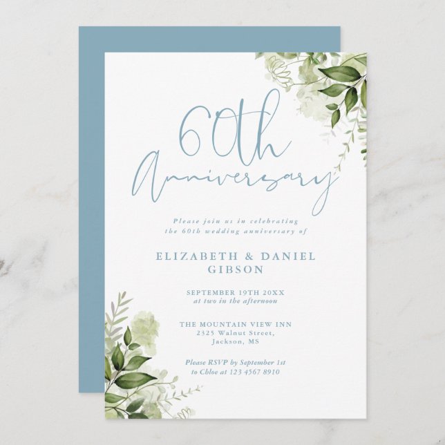 Invitation 60th Wedding Anniversary Greenery Floral (Devant / Derrière)