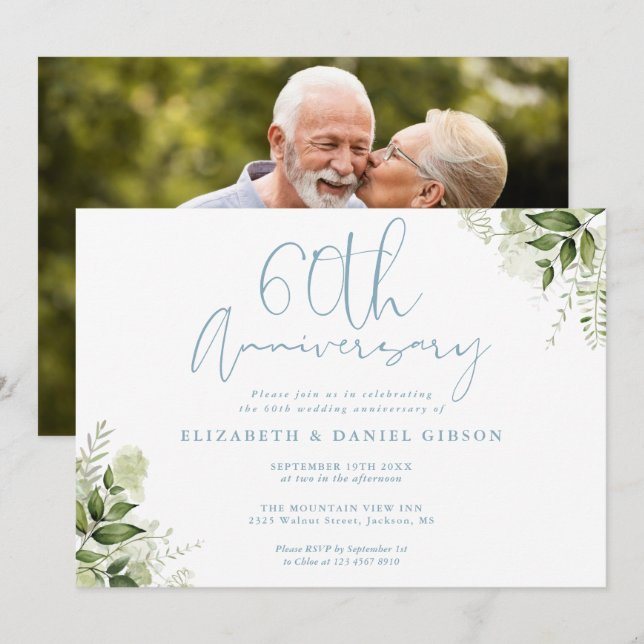 Invitation 60th Wedding Anniversary Greenery Floral Photo (Devant / Derrière)