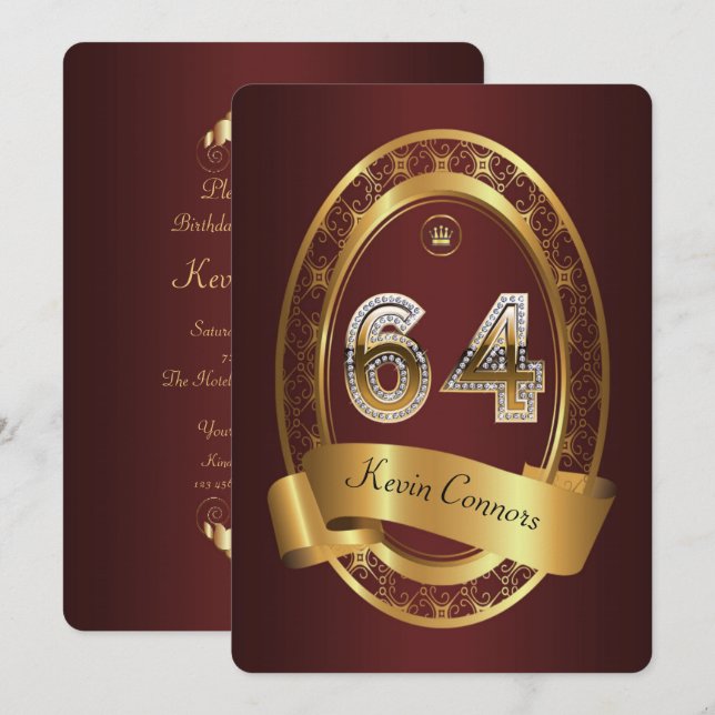 Invitation 64e, femme de fête d'anniversaire homme, couleur é (Devant / Derrière)